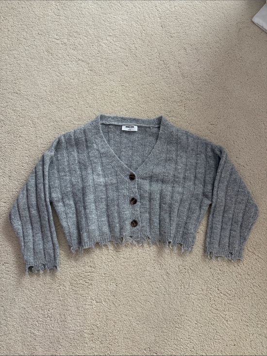 Double Zero Sweaters - Double Zero Gray Cropped V-Neck Button Cardigan